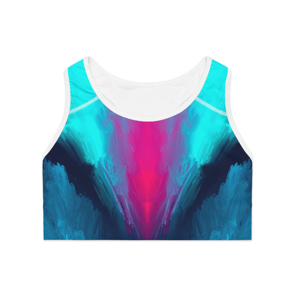 Teal & Pink Abstract Wave Sports Bra — Hooked Horizon Co. Racerbacck Activewear, Comfortable Activewear, Fitness Pants, Ideal for Gym, Yoga, and Weekend Brunch