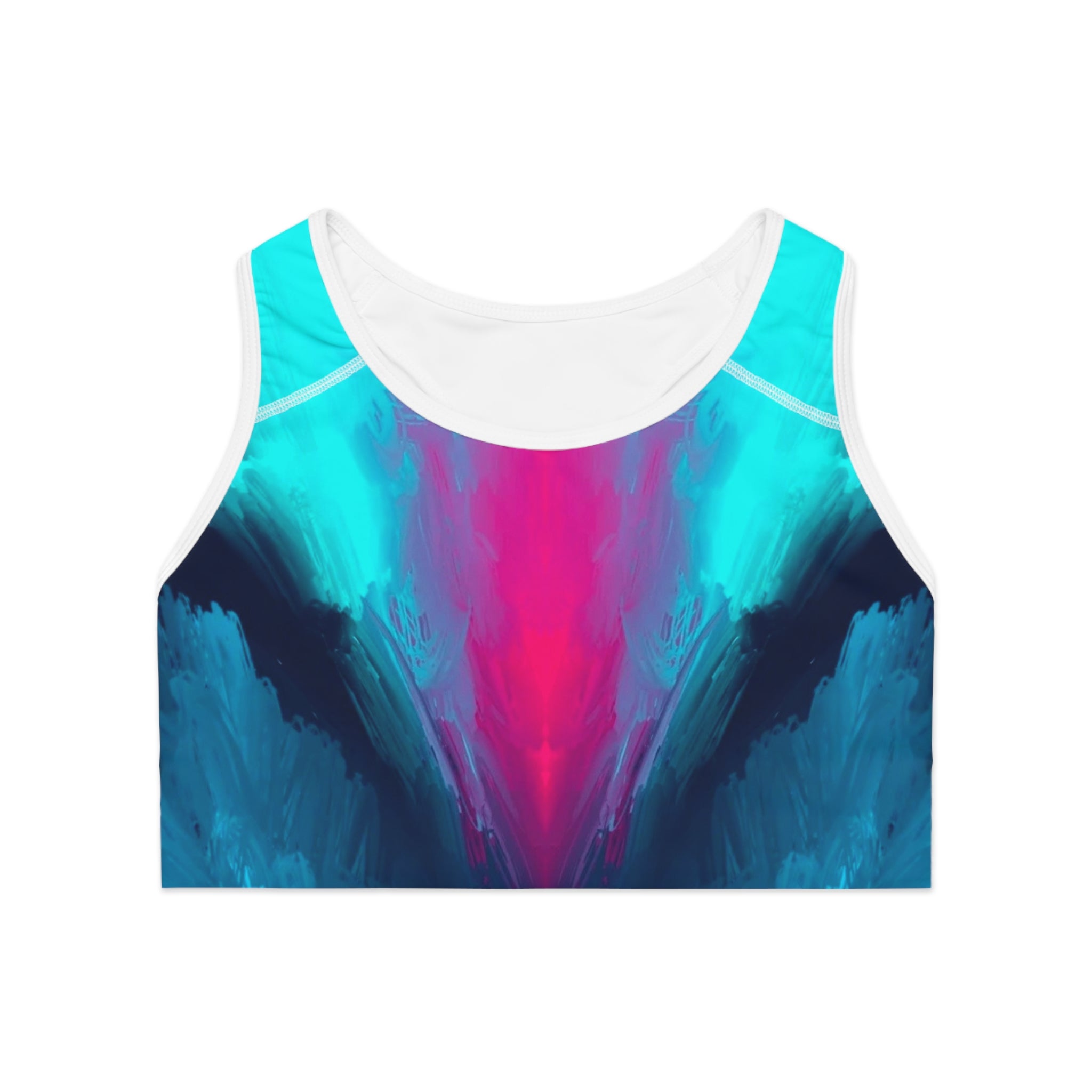 Teal & Pink Abstract Wave Sports Bra — Hooked Horizon Co. Racerbacck Activewear, Comfortable Activewear, Fitness Pants, Ideal for Gym, Yoga, and Weekend Brunch