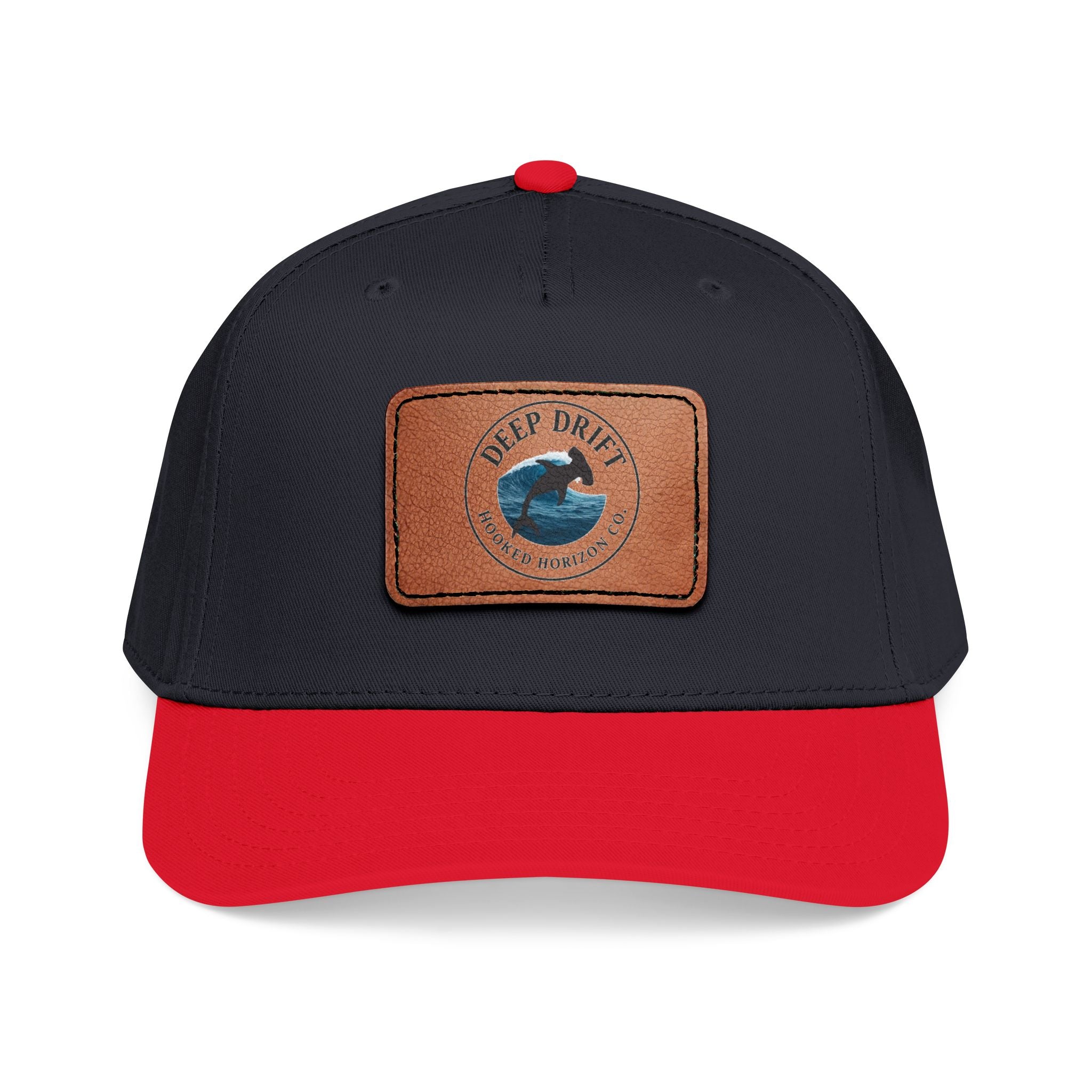 Deep Drift Leather Patch Baseball Cap — Hooked Horizon Co. Ocean Wave Logo, Multiple Color Variations
