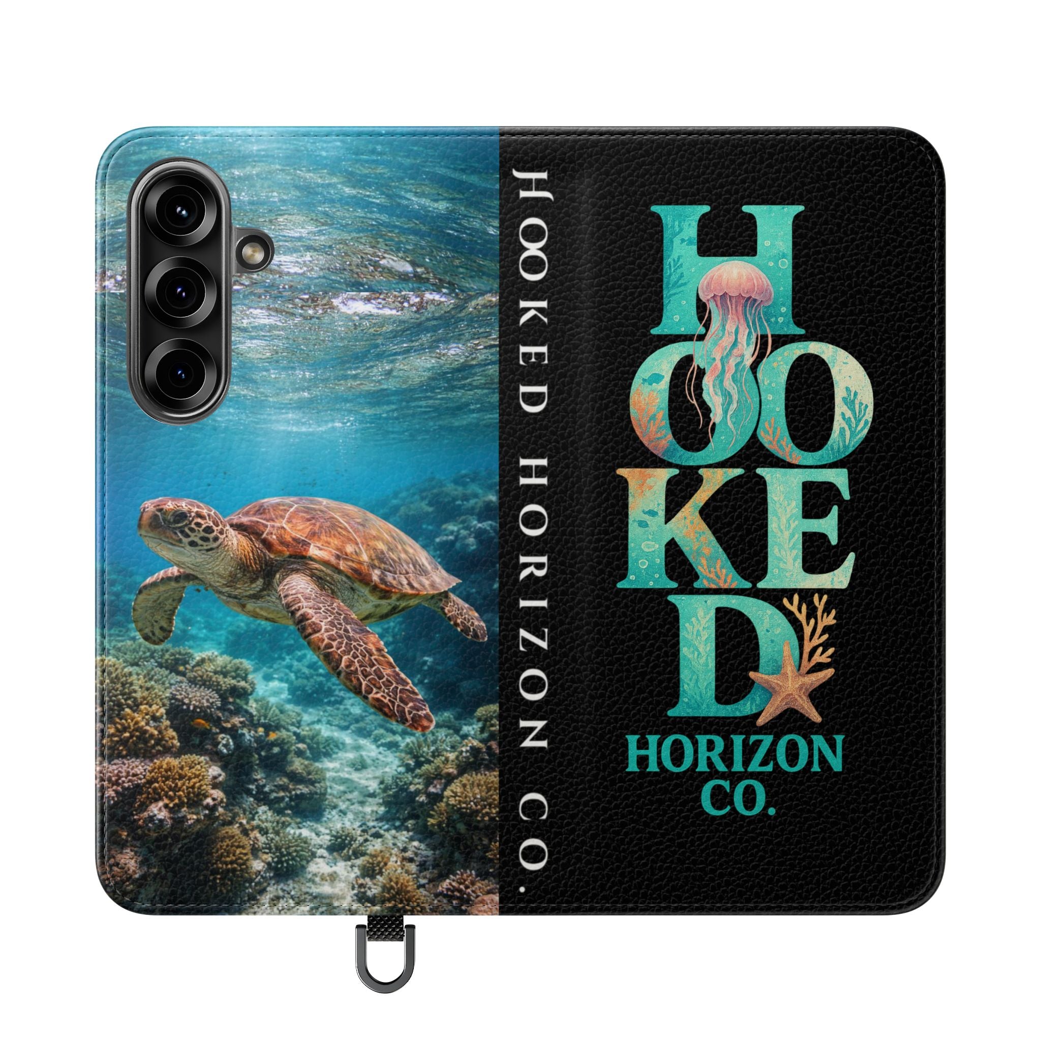Turtle Hooked Horizon Co Flip Phone Case — Turquoise Water Pattern Wallet Cover