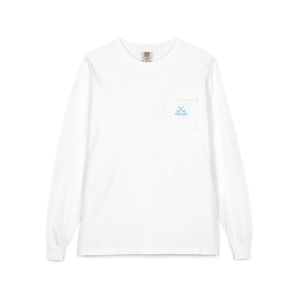 Bright Blue Hooked Horizon Co.  Classic Logo Unisex Long Sleeve Pocket T-Shirt