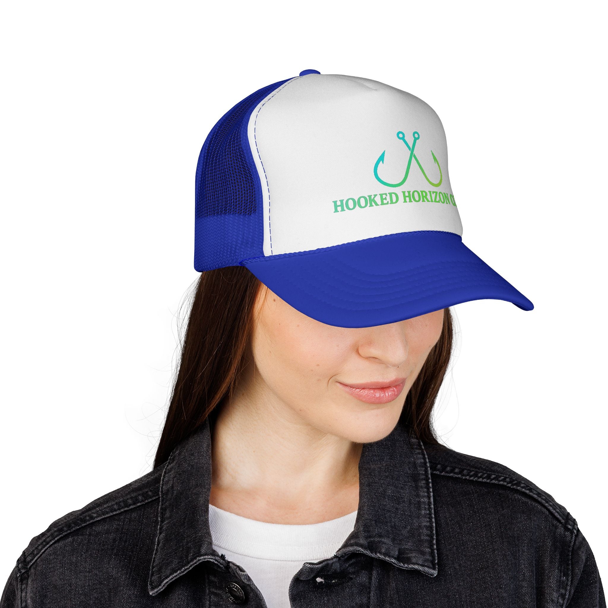 Sea Green & Teal Blue Trucker Cap — Hooked Horizon Co. Fishing Hooks Logo