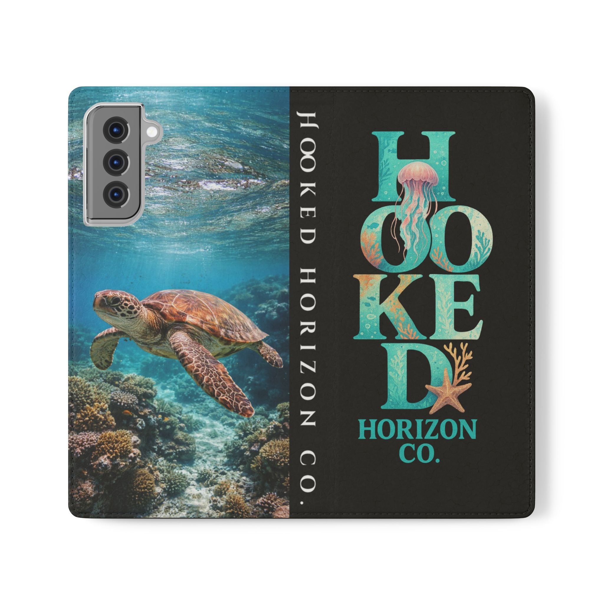 Turtle Hooked Horizon Co Flip Phone Case — Turquoise Water Pattern Wallet Cover