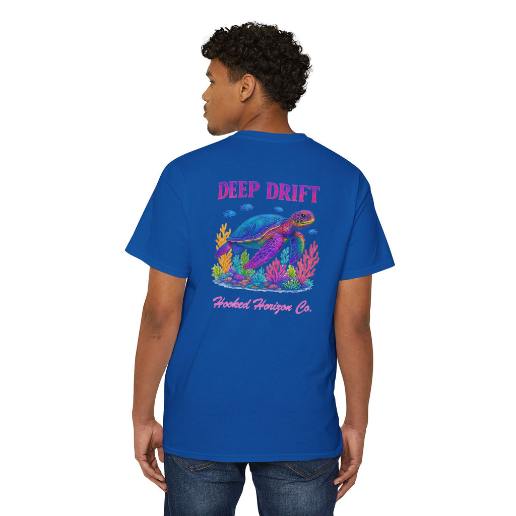 Turtle Deep Drift Hooked HorizonCo.  Tee- Perfect for Angler and Fishing Gifts, For him, For Her Unisex Cotton T-Shirt for Fishing & Wildlife Enthusiasts, Ocean Lovers
