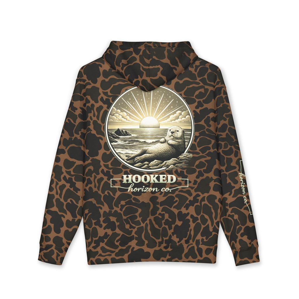Sea Otter & Sunset Hoodie Hooked Horizon Co. — Minimal Fishing Back Graphic Hoodie, Multiple Color Variations