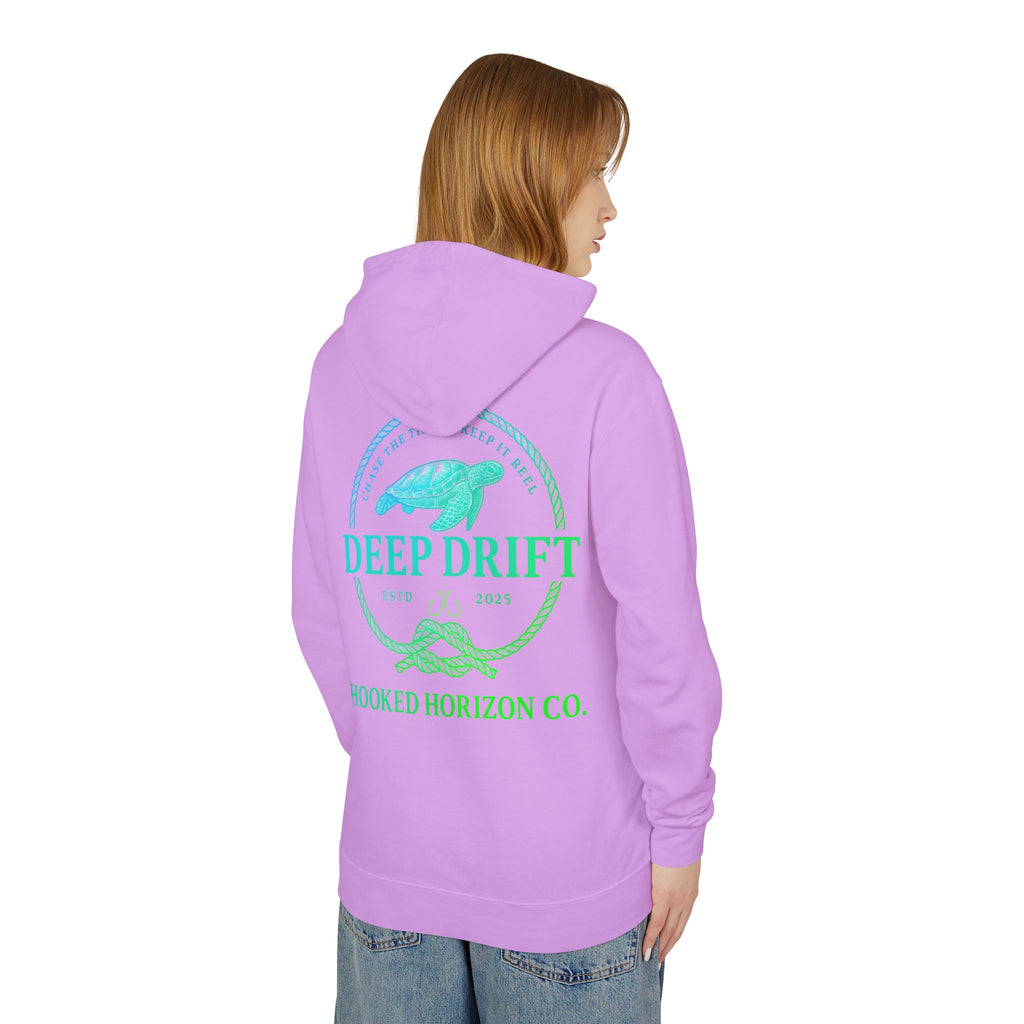 Hooked Horizon Co Green & Blue Unisex Lightweight Hoodie with Deep Drift Design | Perfect for Fishermen, Beach Lovers, Casual Outings, Gift for Him/Her, Nautical Style,  Ocean Lover Gifts
