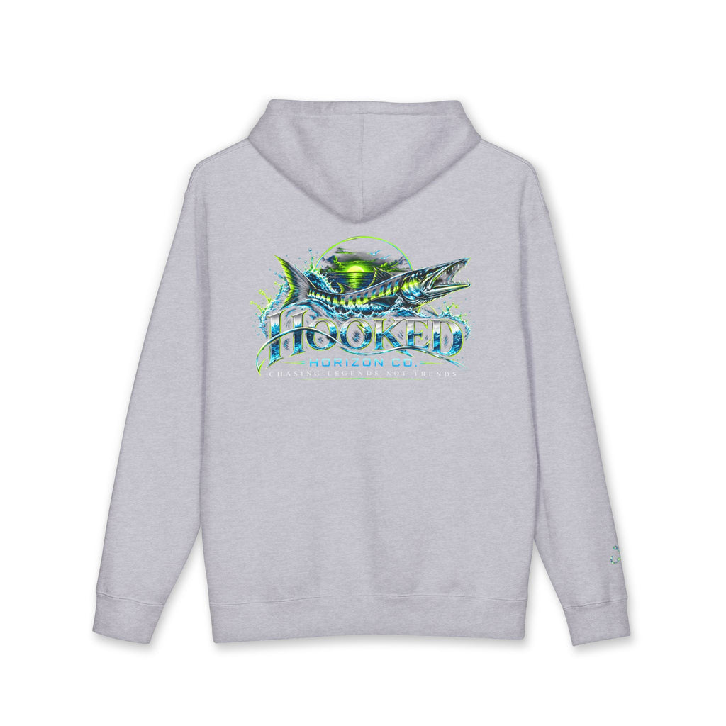 Barracuda Like Green Logo Hoodie—Hooked Horizon Co. — Fishing Back Graphic Hoodie, Multiple Color Variations