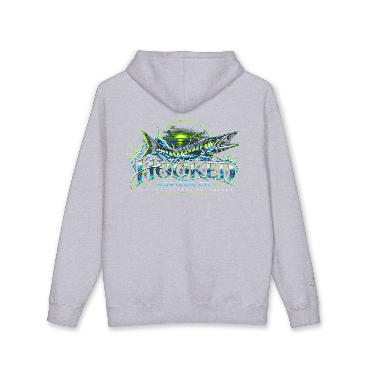 Barracuda Like Green Logo Hoodie—Hooked Horizon Co. — Fishing Back Graphic Hoodie, Multiple Color Variations