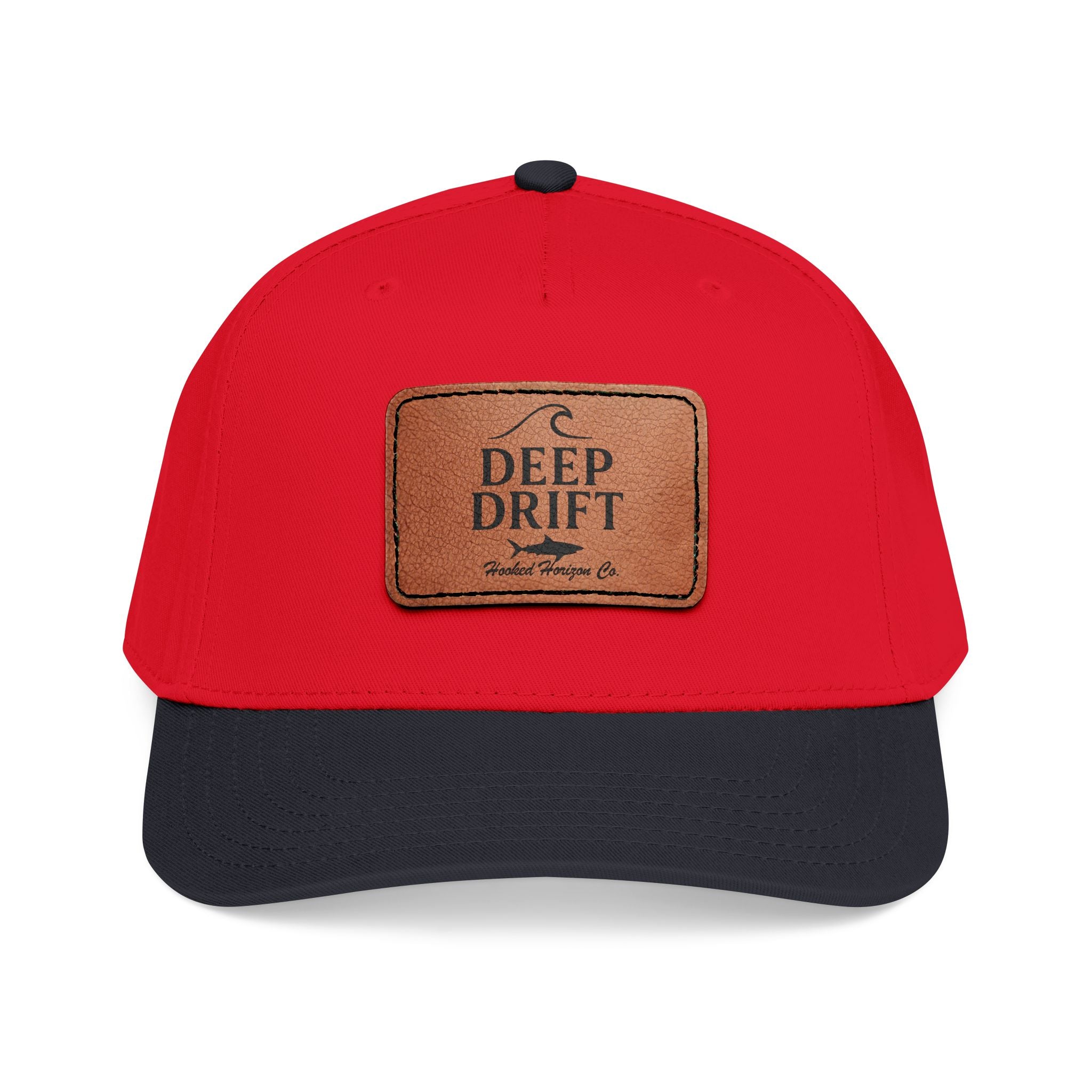 "Deep Drift" Shark Wave Leather Patch Baseball Cap — Hooked Horizon Co. Ocean Wave Logo, Multiple Color Variations