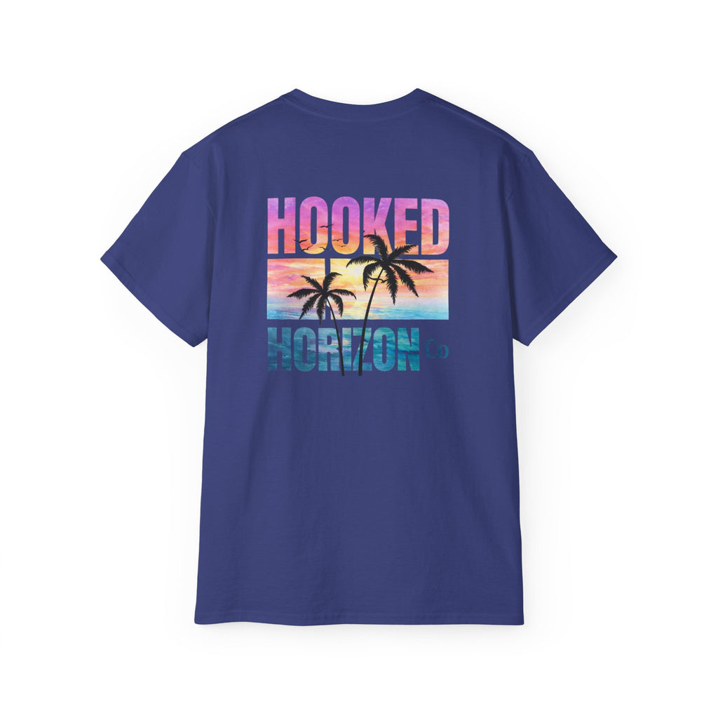 Sunset & Palm Tree T-Shirt — "Hooked" Boat & Horizon Graphic Tee, Multiple Color Variations