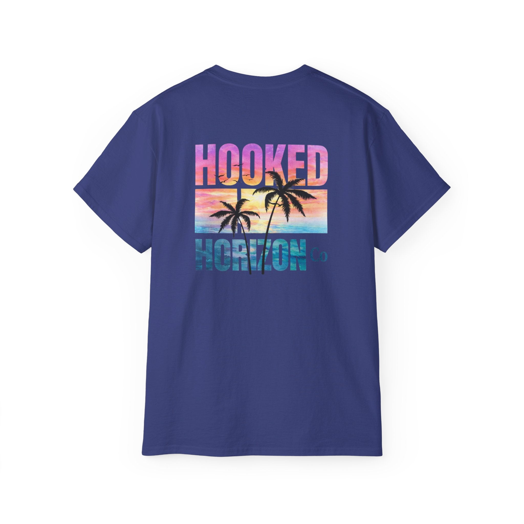 Sunset & Palm Tree T-Shirt — "Hooked" Boat & Horizon Graphic Tee, Multiple Color Variations