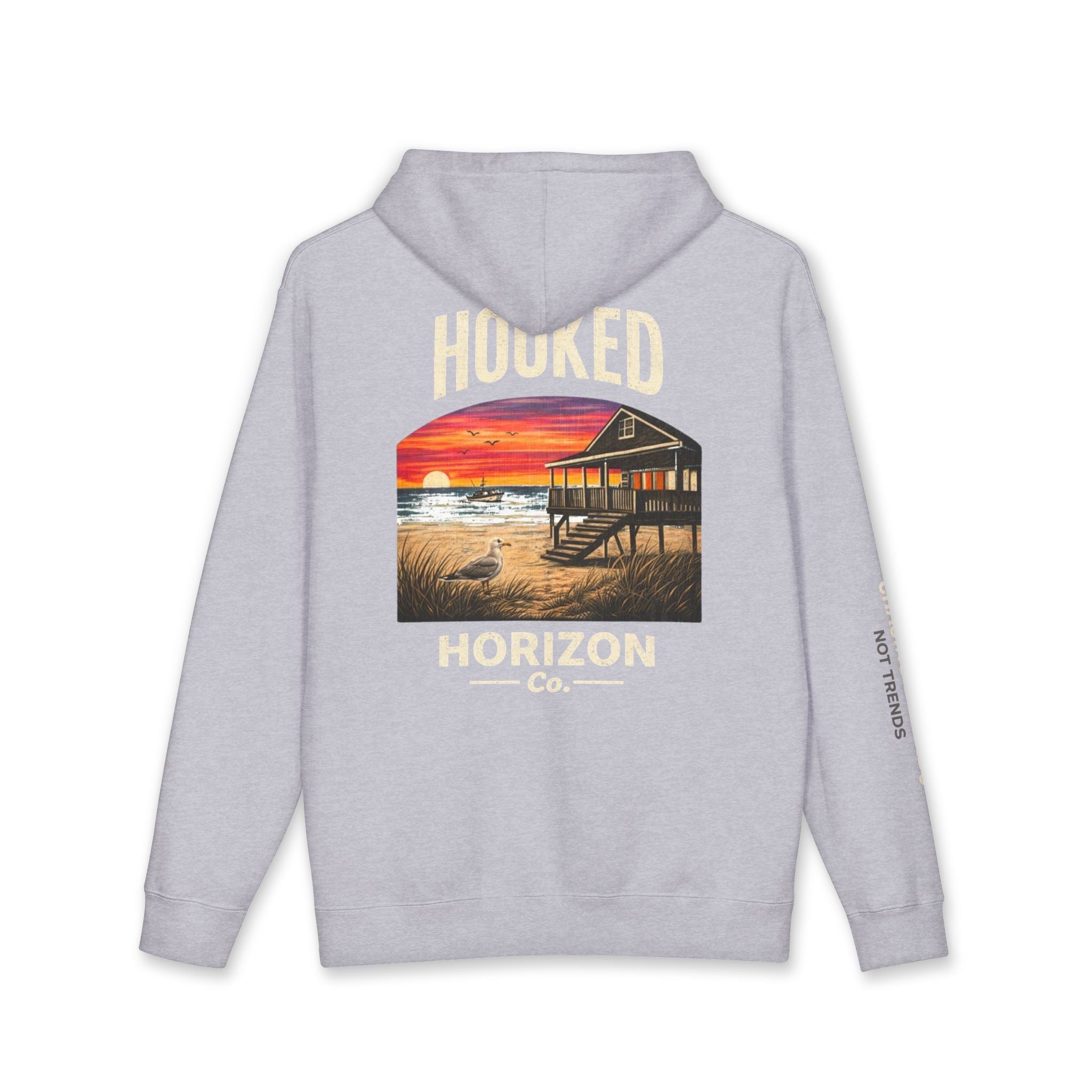 Seagull & Red Sunset Hoodie Hooked Horizon Co. — Minimal Fishing Back Graphic Hoodie, Multiple Color Variations