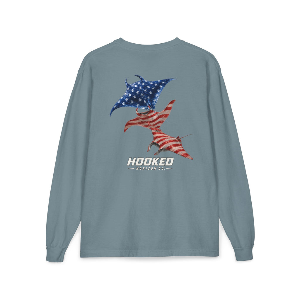 USA Manta Ray Hooked Horizon Co.  Classic Logo Unisex Long Sleeve Pocket T-Shirt
