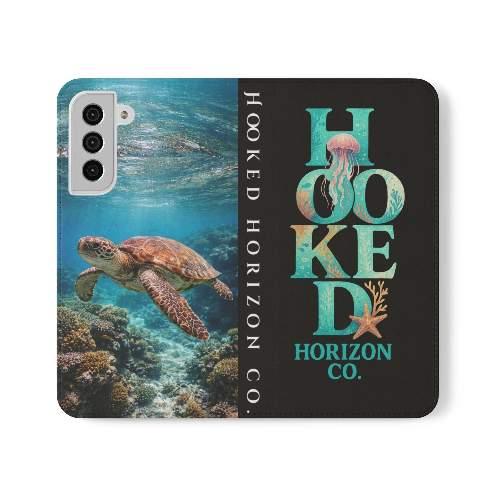 Turtle Hooked Horizon Co Flip Phone Case — Turquoise Water Pattern Wallet Cover