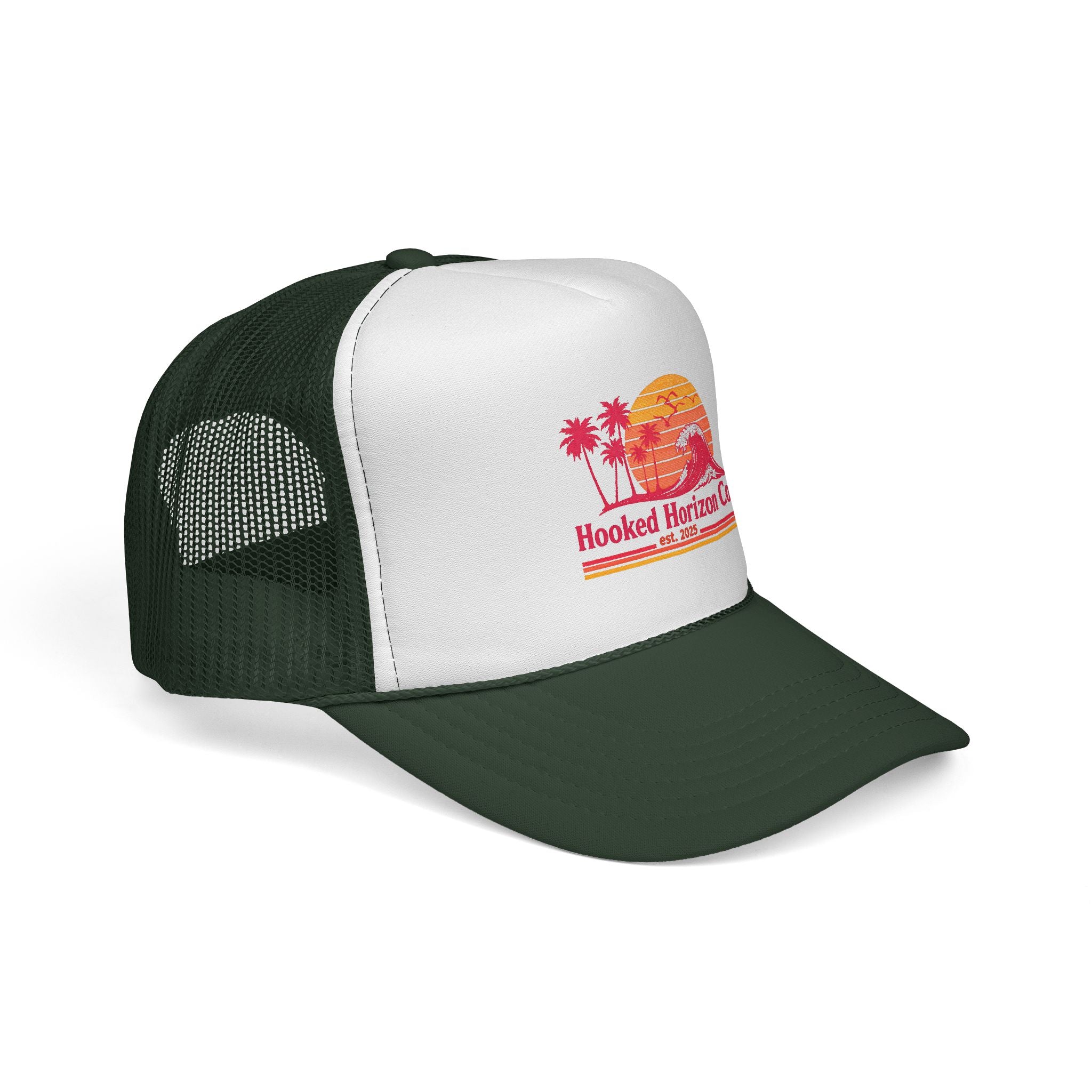 Hooked Horizon Co.  Wave, Sunset & Palm Tree 90s Inspired Trucker Cap — Outdoor & Beach Hat Ocean Conservation Gifts For Him & Her