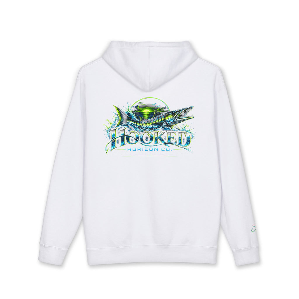 Barracuda Like Green Logo Hoodie—Hooked Horizon Co. — Fishing Back Graphic Hoodie, Multiple Color Variations
