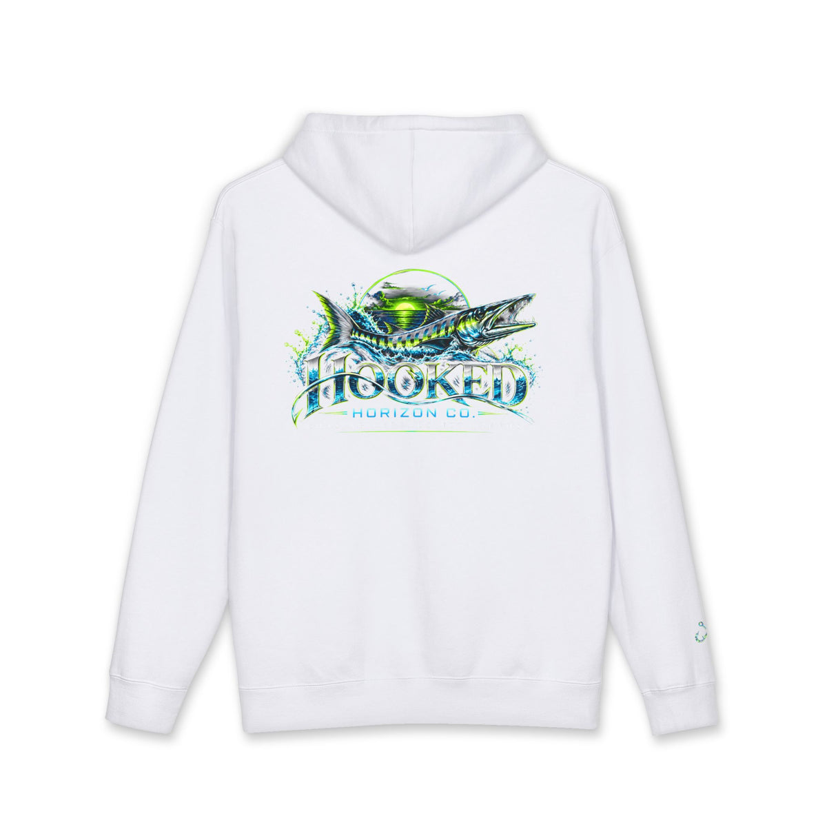 Barracuda Like Green Logo Hoodie—Hooked Horizon Co. — Fishing Back Graphic Hoodie, Multiple Color Variations