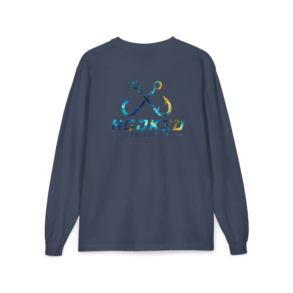 Blue & Gold Hooked Horizon Co.  Classic Logo Unisex Long Sleeve Pocket T-Shirt