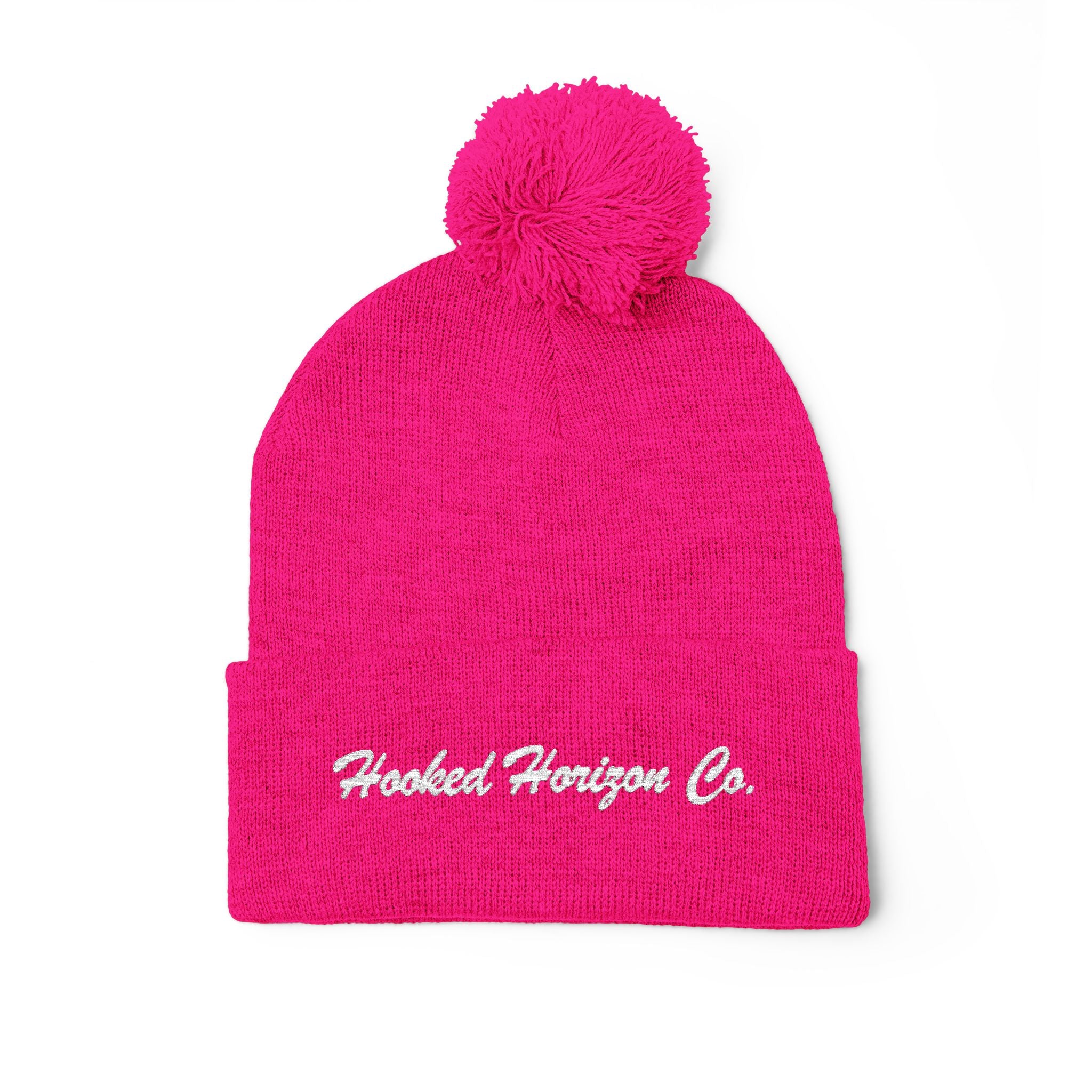 Hooked Horizon Co. Embroidered Pom-Pom Knit Cap — Cozy Grey Beanie with Multiple Color Variations
