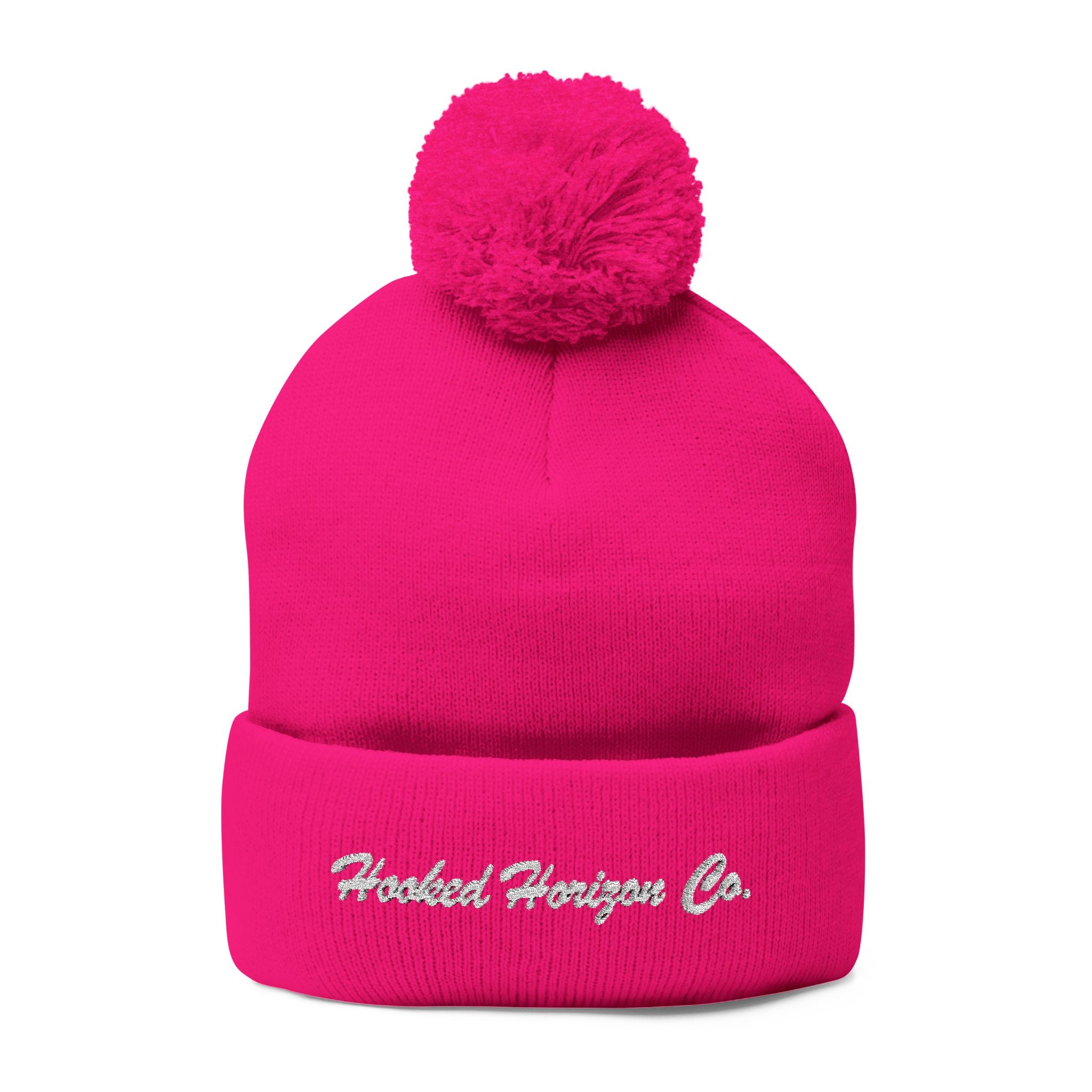 Hooked Horizon Co. Embroidered Pom-Pom Knit Cap — Cozy Grey Beanie with Multiple Color Variations