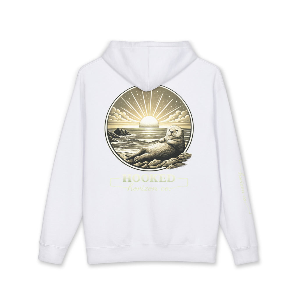 Sea Otter & Sunset Hoodie Hooked Horizon Co. — Minimal Fishing Back Graphic Hoodie, Multiple Color Variations