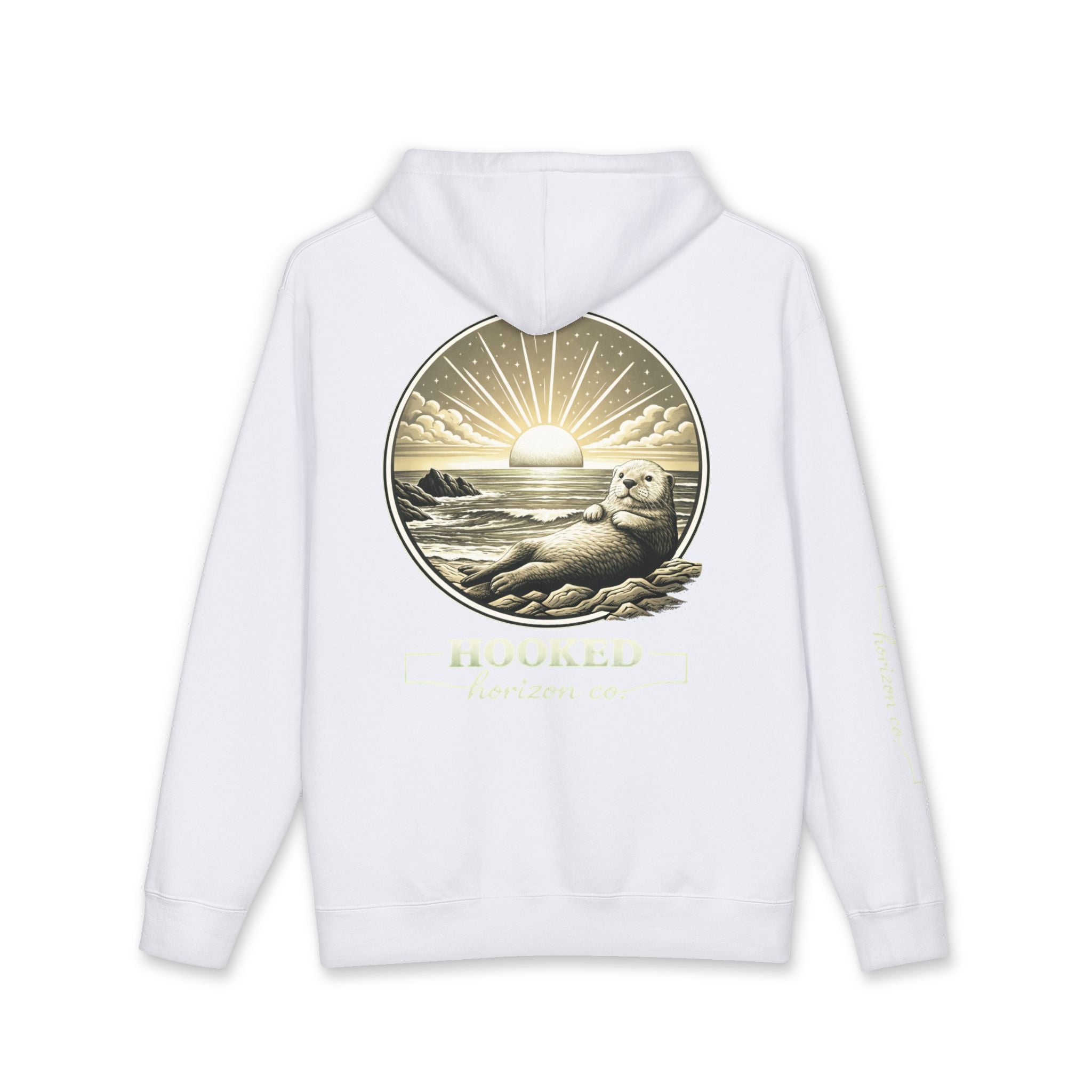 Sea Otter & Sunset Hoodie Hooked Horizon Co. — Minimal Fishing Back Graphic Hoodie, Multiple Color Variations