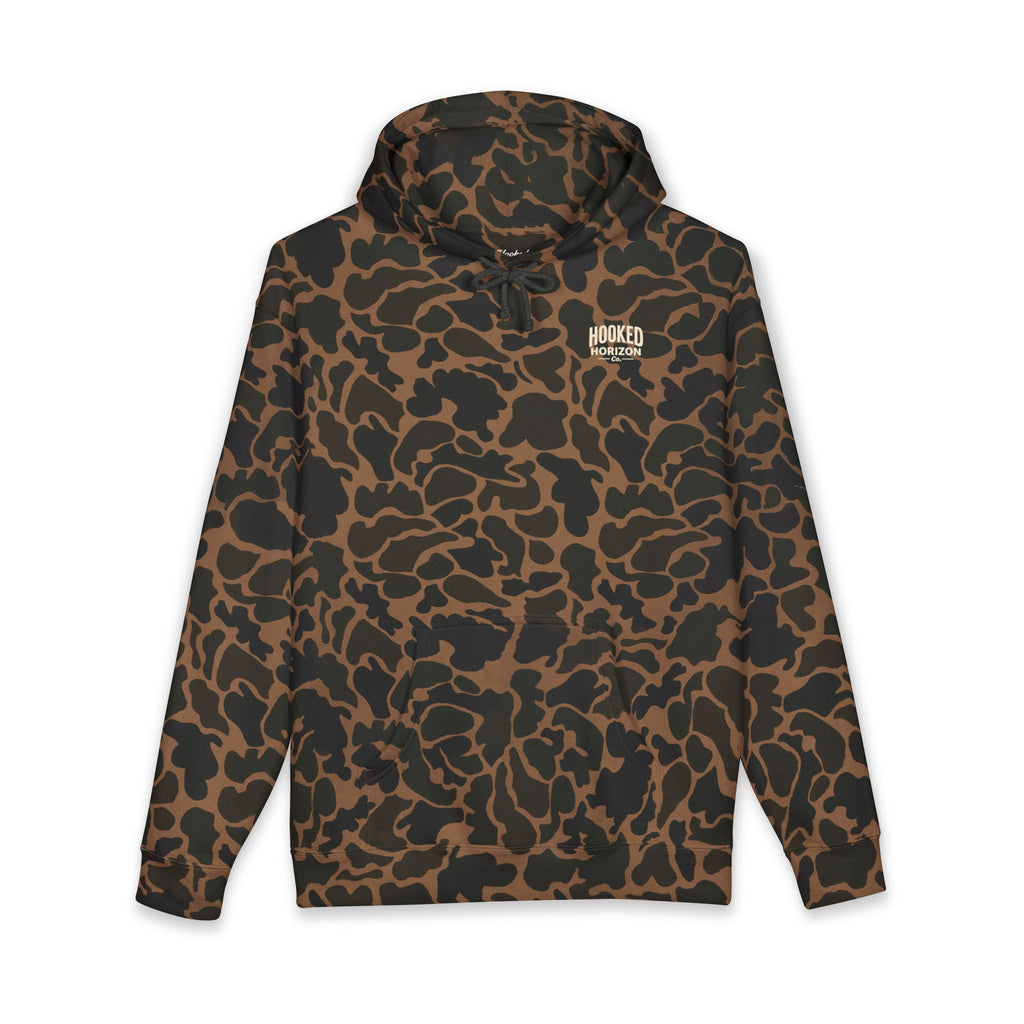 Dog & Sunset Hoodie Hooked Horizon Co. — Minimal Fishing Back Graphic Hoodie, Multiple Color Variations
