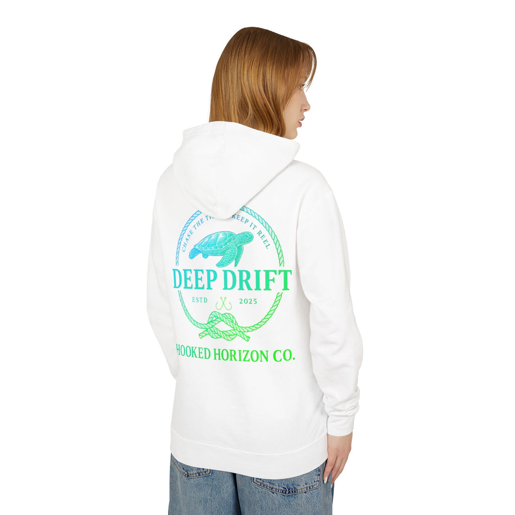 Hooked Horizon Co Green & Blue Unisex Lightweight Hoodie with Deep Drift Design | Perfect for Fishermen, Beach Lovers, Casual Outings, Gift for Him/Her, Nautical Style,  Ocean Lover Gifts