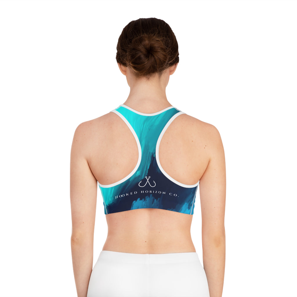 Teal & Pink Abstract Wave Sports Bra — Hooked Horizon Co. Racerbacck Activewear, Comfortable Activewear, Fitness Pants, Ideal for Gym, Yoga, and Weekend Brunch