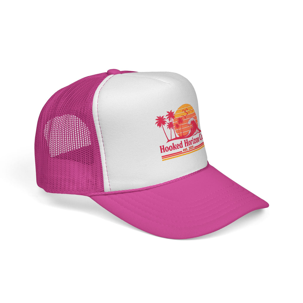 Hooked Horizon Co.  Wave, Sunset & Palm Tree 90s Inspired Trucker Cap — Outdoor & Beach Hat Ocean Conservation Gifts For Him & Her