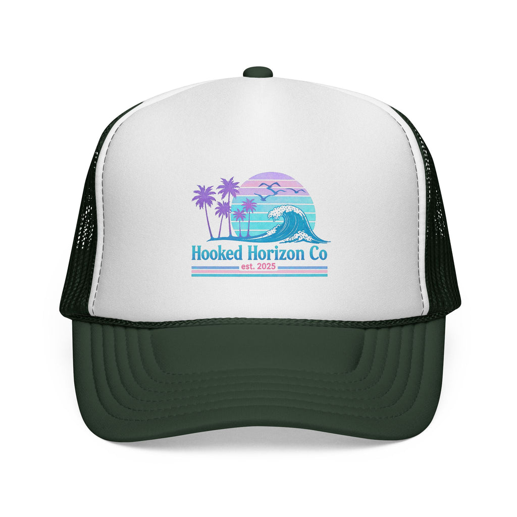 Hooked Horizon Co.  Wave, Sunset & Palm Tree 90s Inspired Trucker Cap in Purple & Blue — Outdoor & Beach Hat Ocean Conservation Gifts For Him & Her