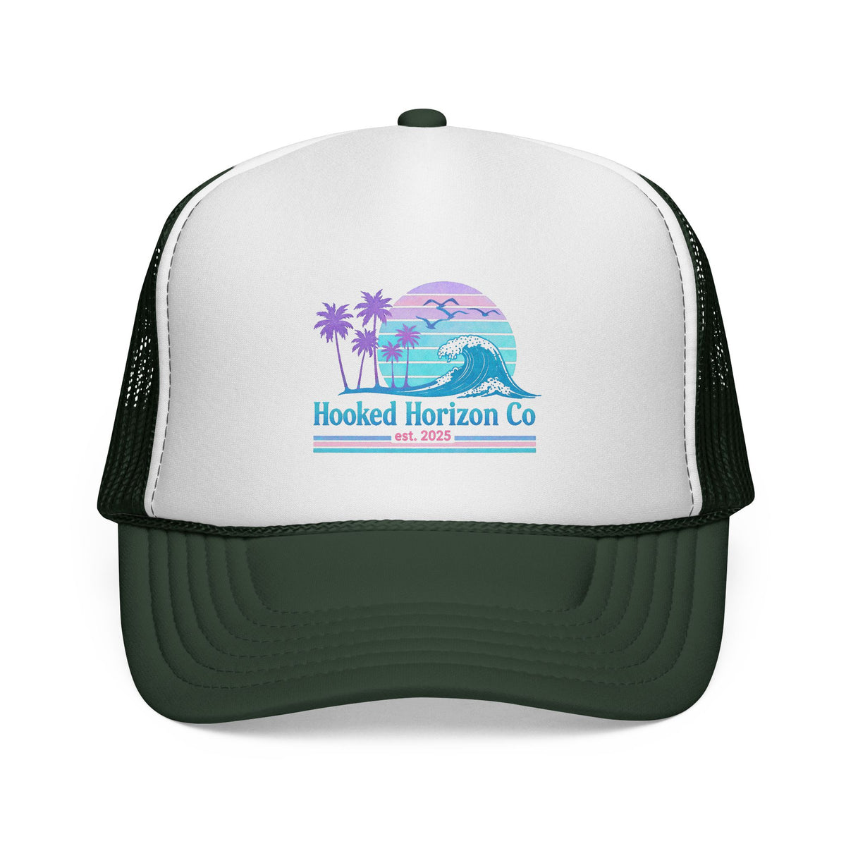 Hooked Horizon Co.  Wave, Sunset & Palm Tree 90s Inspired Trucker Cap in Purple & Blue — Outdoor & Beach Hat Ocean Conservation Gifts For Him & Her
