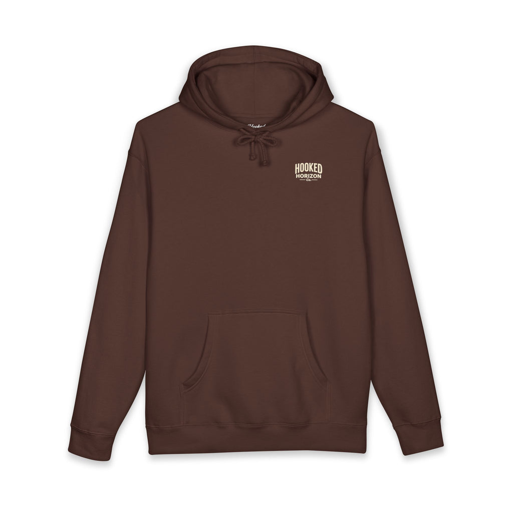 Dog & Sunset Hoodie Hooked Horizon Co. — Minimal Fishing Back Graphic Hoodie, Multiple Color Variations