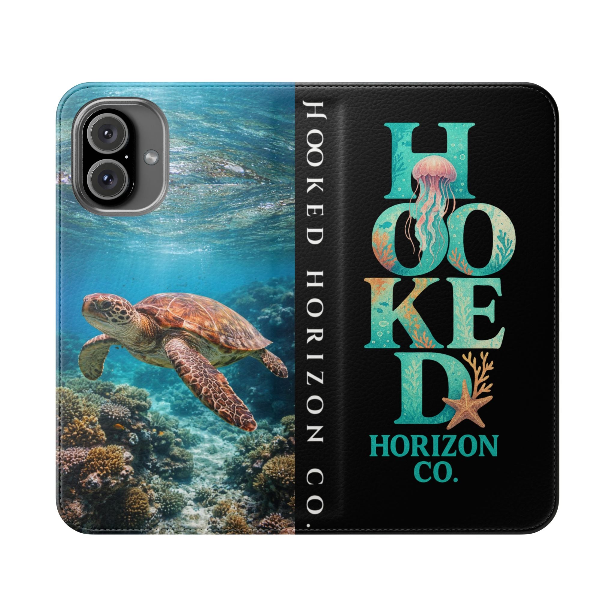 Turtle Hooked Horizon Co Flip Phone Case — Turquoise Water Pattern Wallet Cover