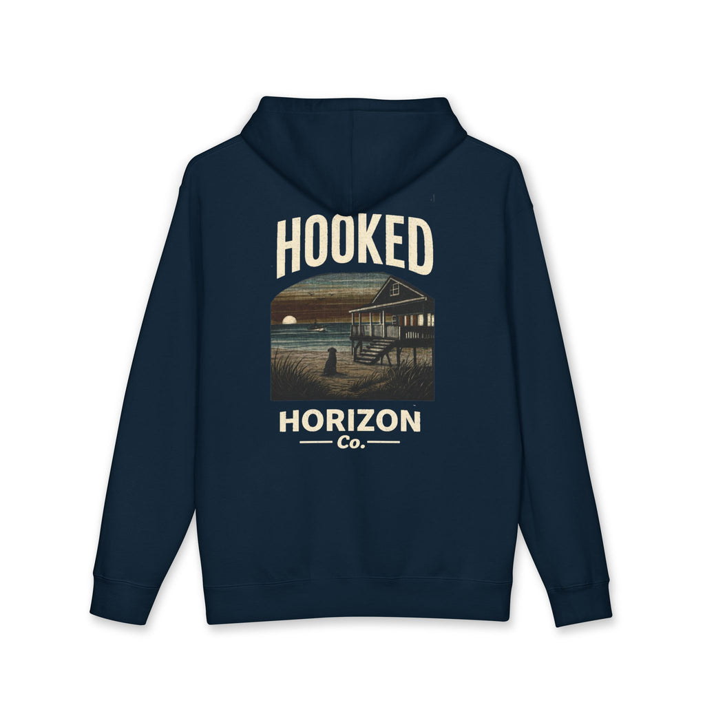 Dog & Sunset Hoodie Hooked Horizon Co. — Minimal Fishing Back Graphic Hoodie, Multiple Color Variations