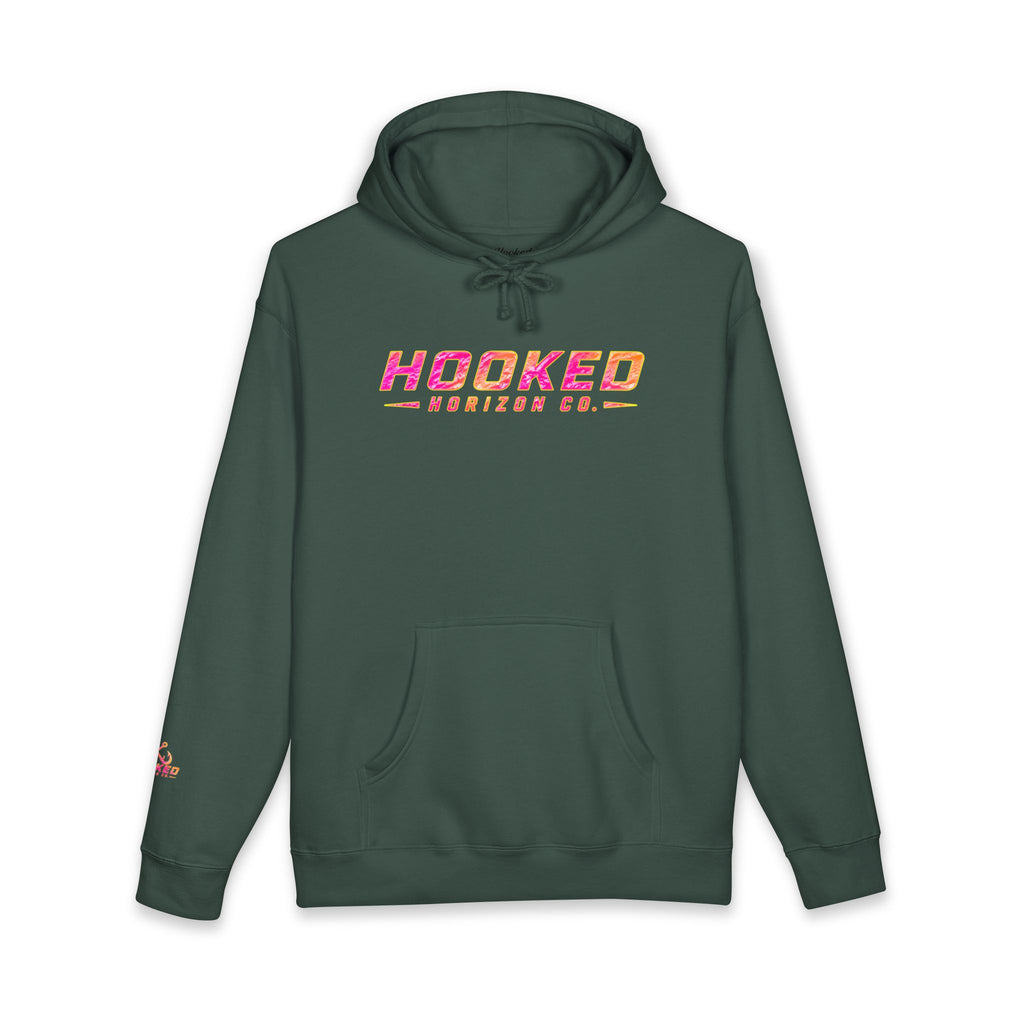 Hot Pink & Peach Hooked Horizon Co. — Fishing Back Graphic Hoodie, Multiple Color Variations