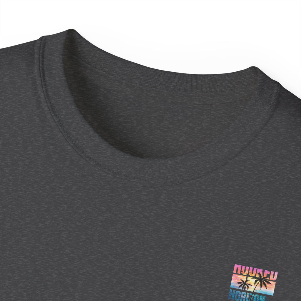 Sunset & Palm Tree T-Shirt — "Hooked" Boat & Horizon Graphic Tee, Multiple Color Variations