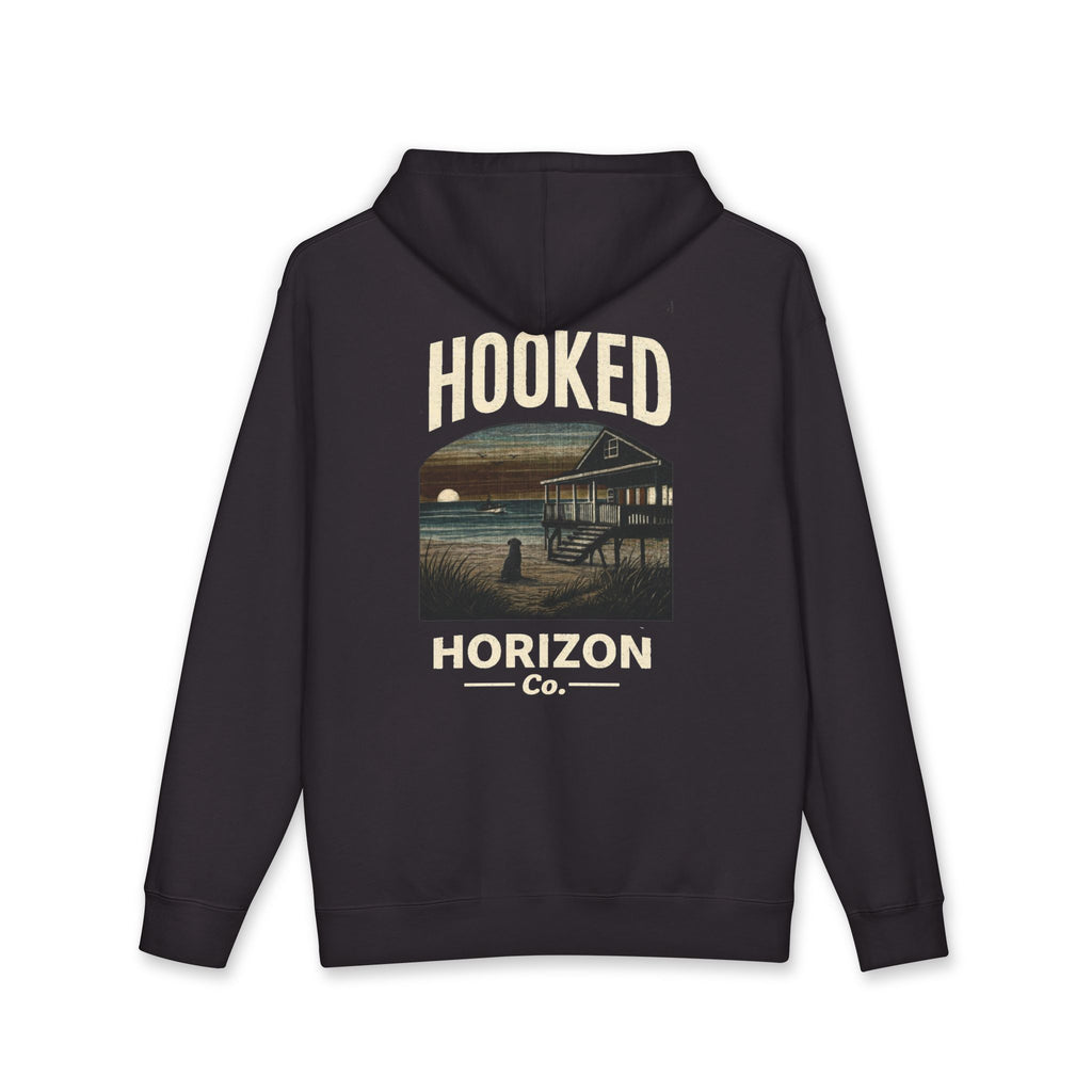 Dog & Sunset Hoodie Hooked Horizon Co. — Minimal Fishing Back Graphic Hoodie, Multiple Color Variations