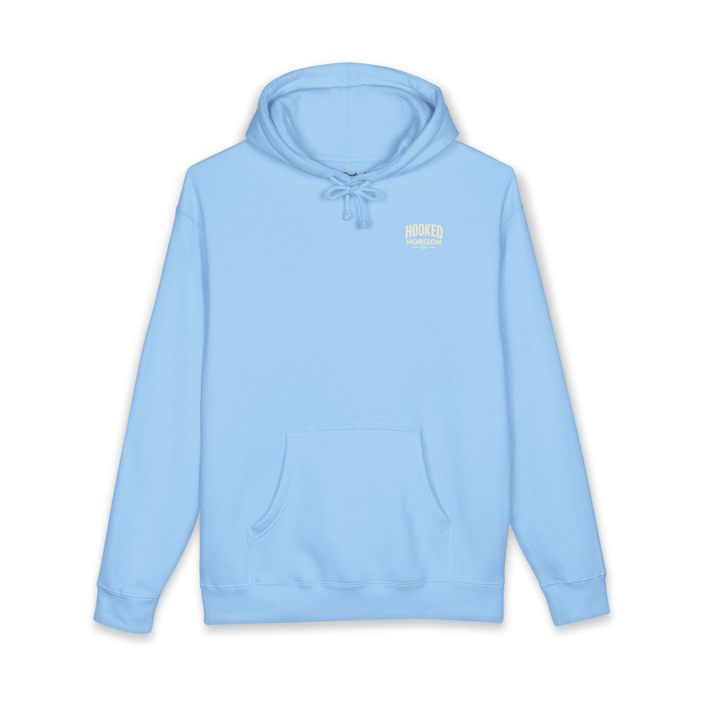 Dog & Sunset Hoodie Hooked Horizon Co. — Minimal Fishing Back Graphic Hoodie, Multiple Color Variations