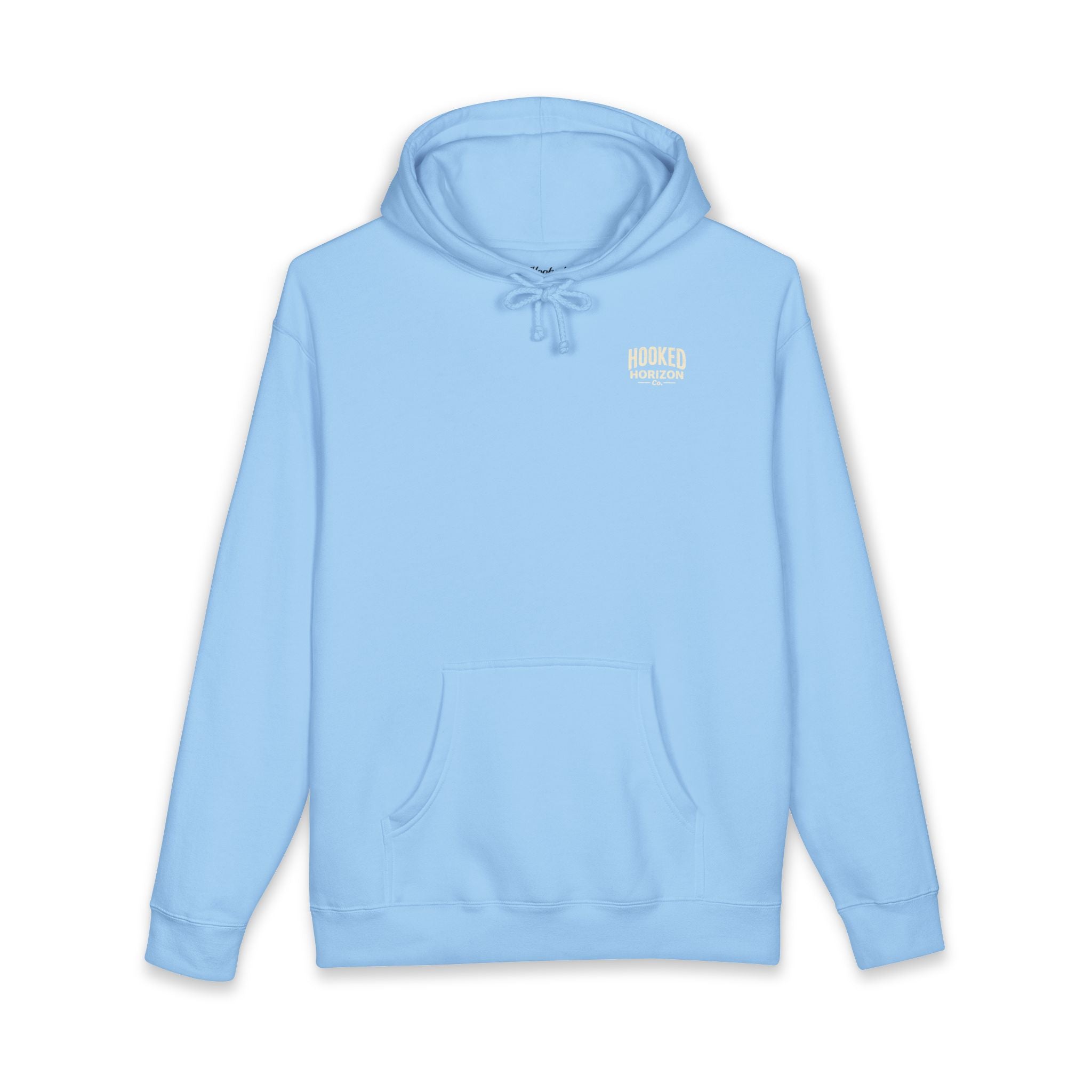 Dog & Sunset Hoodie Hooked Horizon Co. — Minimal Fishing Back Graphic Hoodie, Multiple Color Variations