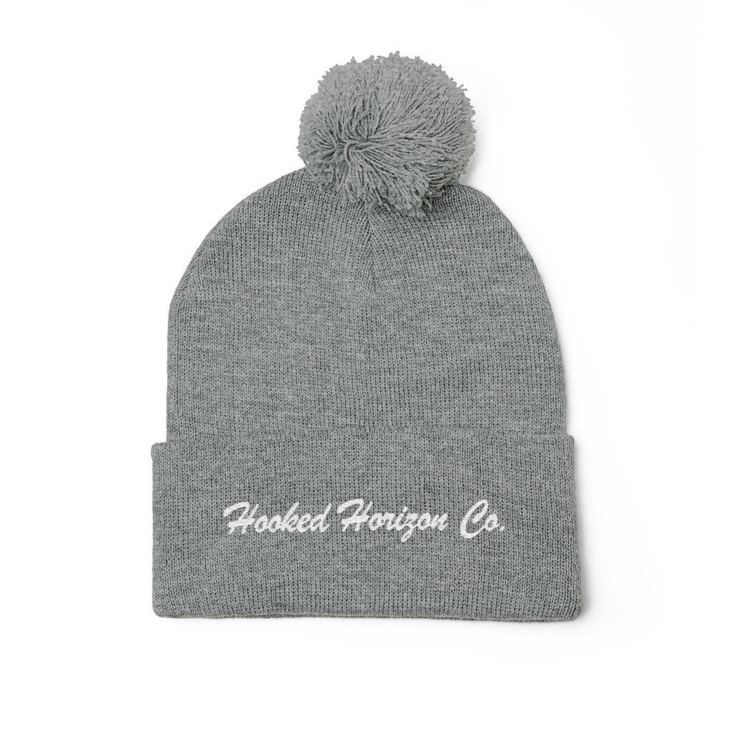 Hooked Horizon Co. Embroidered Pom-Pom Knit Cap — Cozy Grey Beanie with Multiple Color Variations