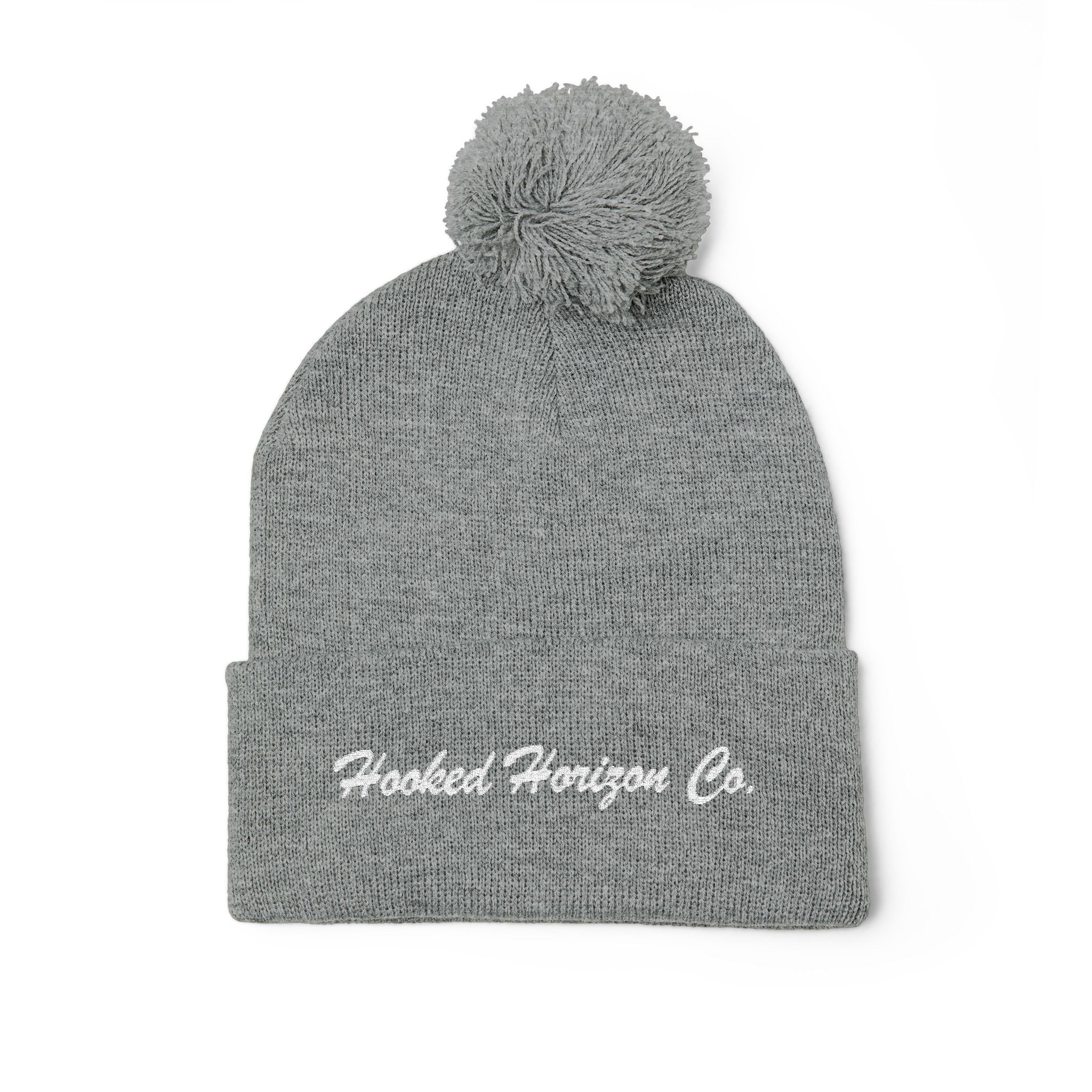 Hooked Horizon Co. Embroidered Pom-Pom Knit Cap — Cozy Grey Beanie with Multiple Color Variations