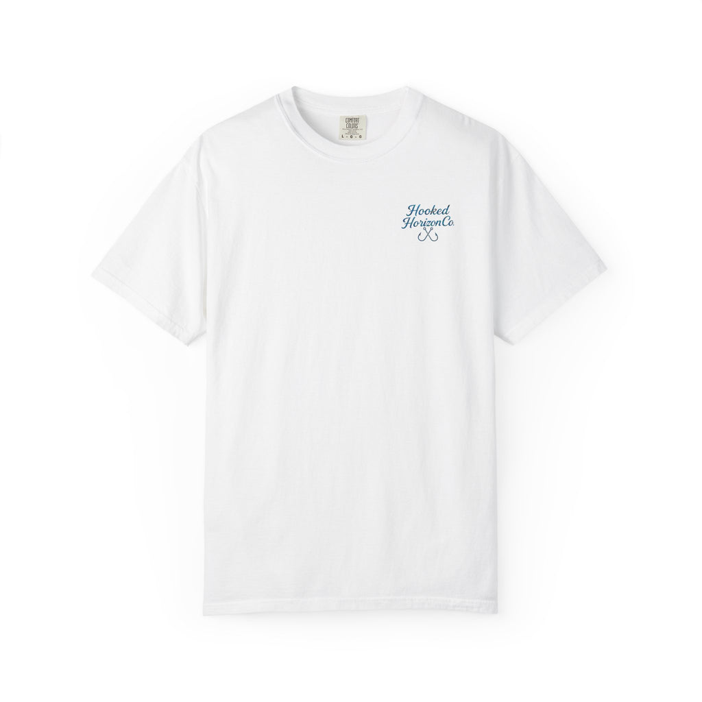 Mahi Mahi Hooked Horizon Co. — "Chasing Legends" Deep Drift Fishing Graphicishing Tee for Angler Lovers, Shark Lovers, Ocean Tee