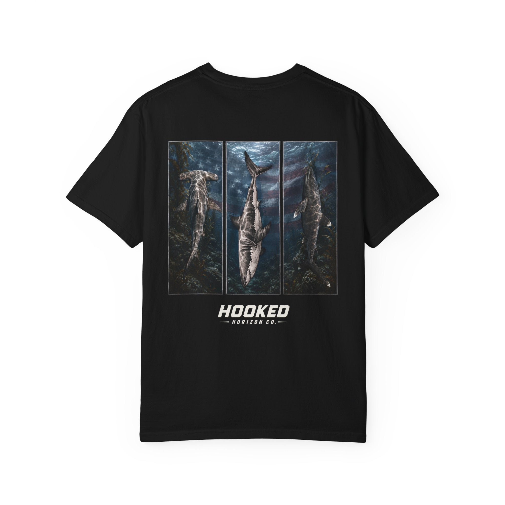 USA Triple Shark Hooked Horizon Co. — "Chasing Legends" Deep Drift Fishing Graphicishing Tee for Angler Lovers, Shark Lovers, Ocean Tee