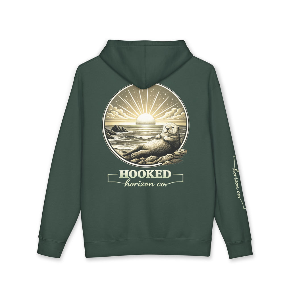 Sea Otter & Sunset Hoodie Hooked Horizon Co. — Minimal Fishing Back Graphic Hoodie, Multiple Color Variations