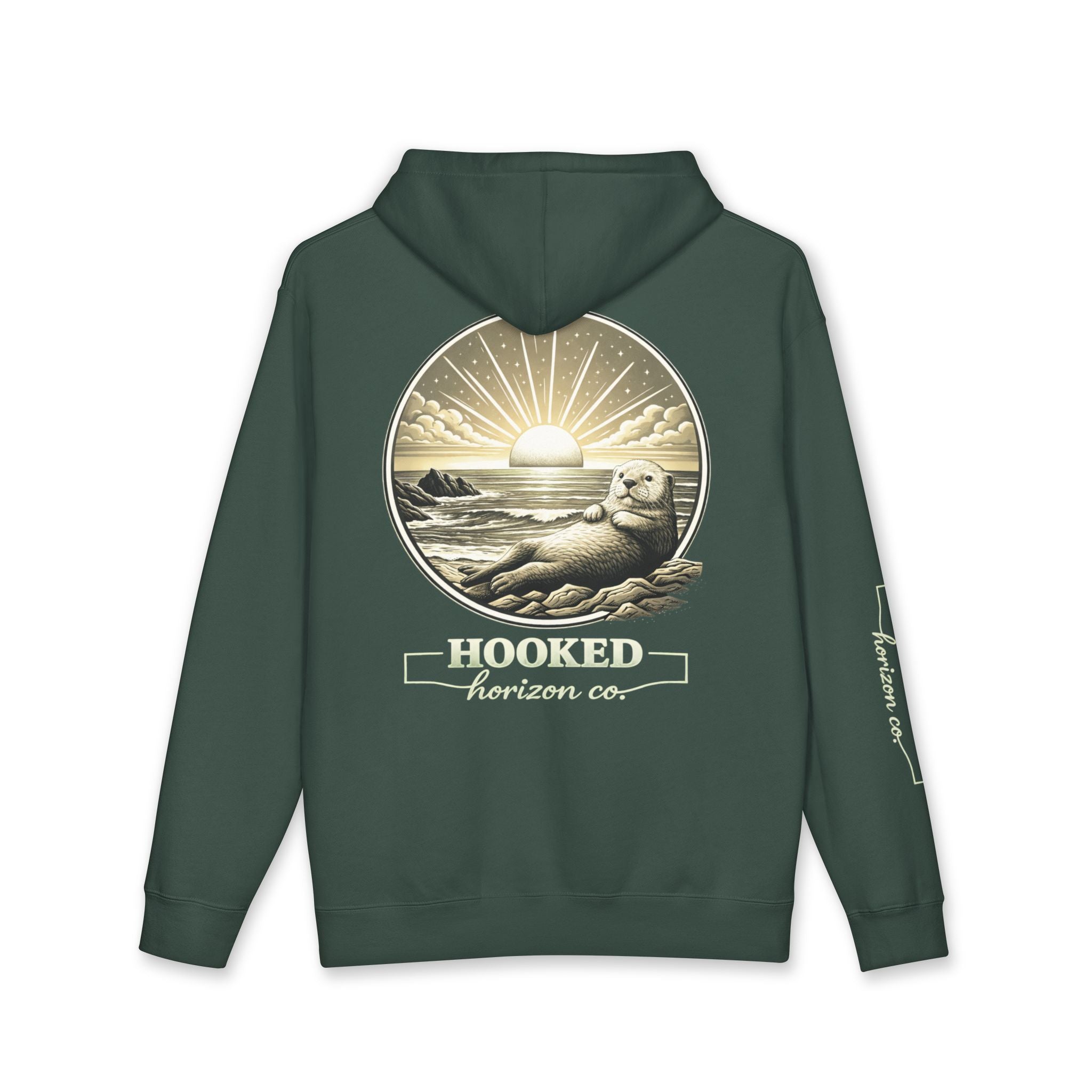 Sea Otter & Sunset Hoodie Hooked Horizon Co. — Minimal Fishing Back Graphic Hoodie, Multiple Color Variations