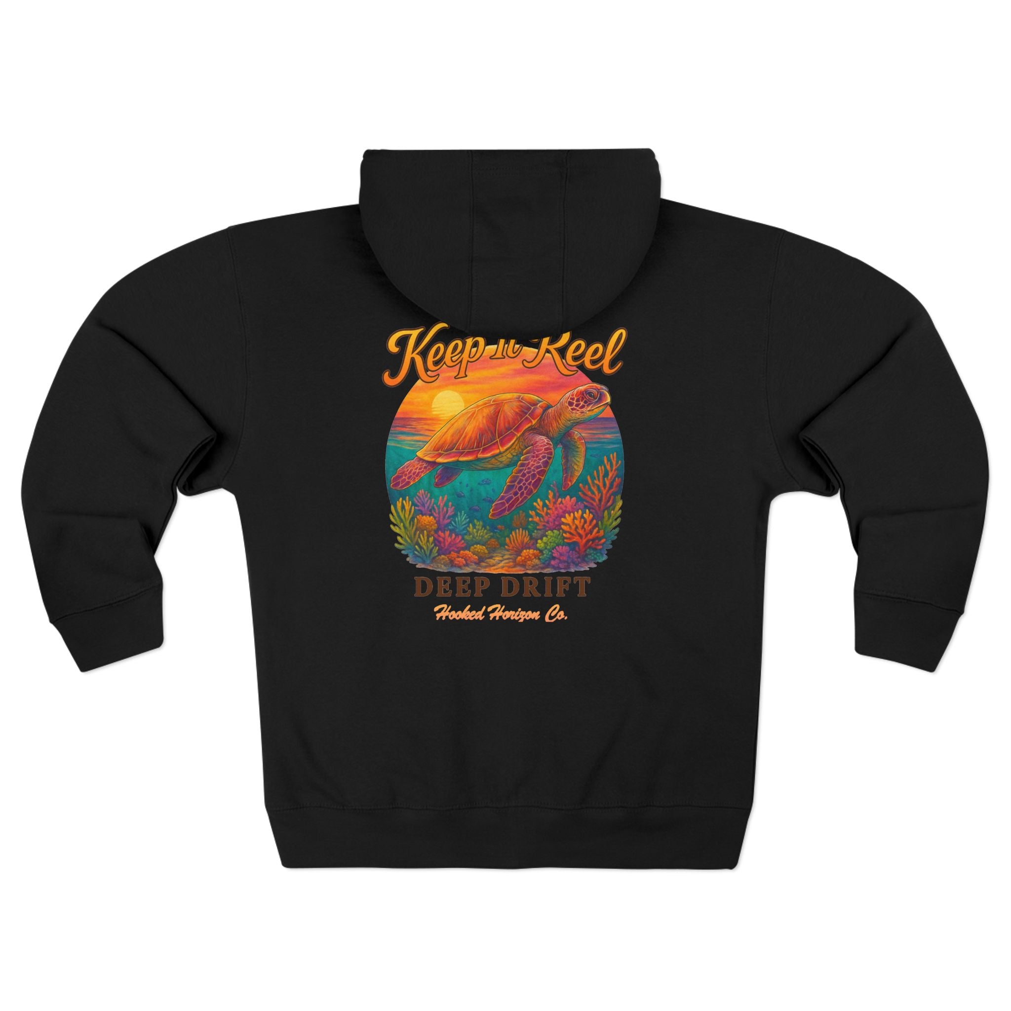 Turtle "Keep It Reel" Deep Drift–Hooked Horizon Co. Unisex Zip Hoodie for Ocean Lovers, Nautical Fashion, Cool Weather Gear, Everyday Comfort, Perfect Gift