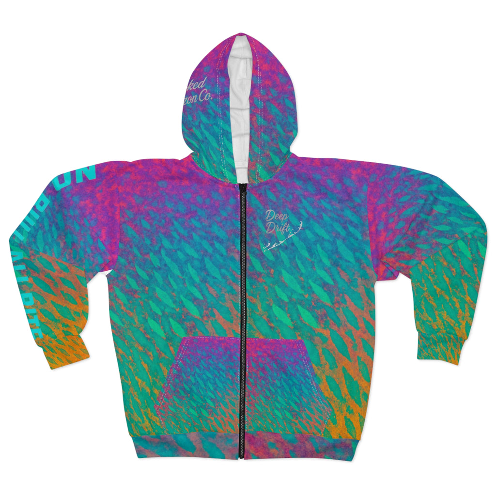 Rainbow Parrot Fish Zip Hoodie—Hooked Horizon Co. Colorful Tie-Dye Fishscale, Gifts for Her Gifts for Him, Angler Gear