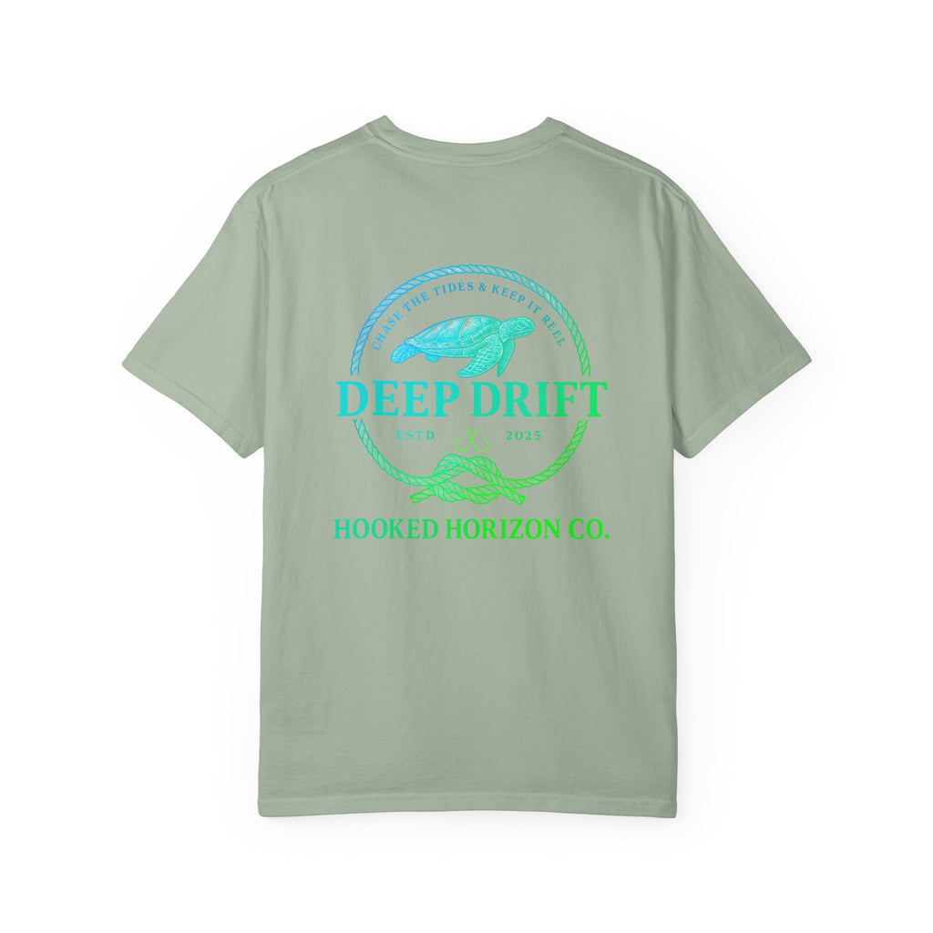 Deep Drift Fishing T-Shirt - Green & Blue Fishing Tee for Angler Lovers, Hammer Head Shark, Ocean Tee