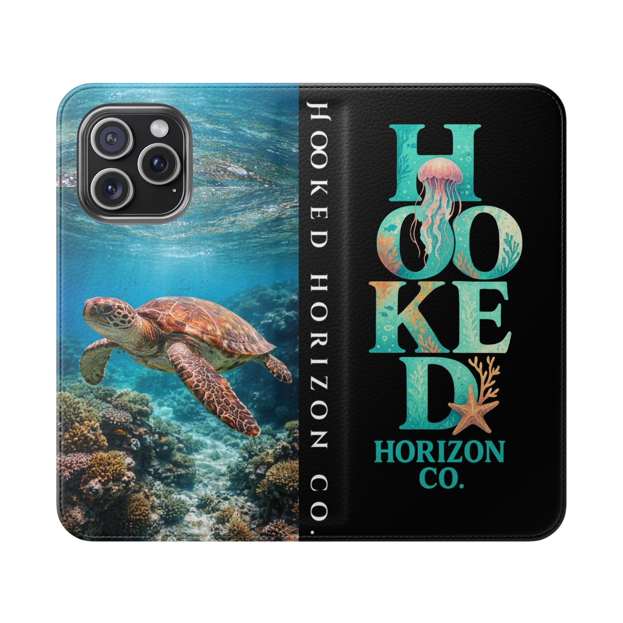Turtle Hooked Horizon Co Flip Phone Case — Turquoise Water Pattern Wallet Cover